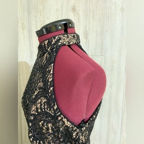 NWT Xscape Black and Nude Lace Pleated Skirt Halter Evening Cocktail Dress Sz 10 - Picture 5 of 16